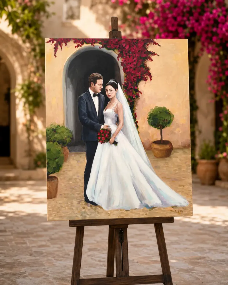 Bespoke wedding painting of a bride and groom in a sunlit Spanish courtyard with bougainvillea