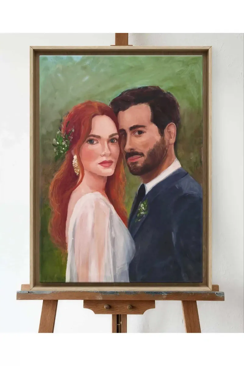 Live wedding painting created on the day — couple at the altar, Spain