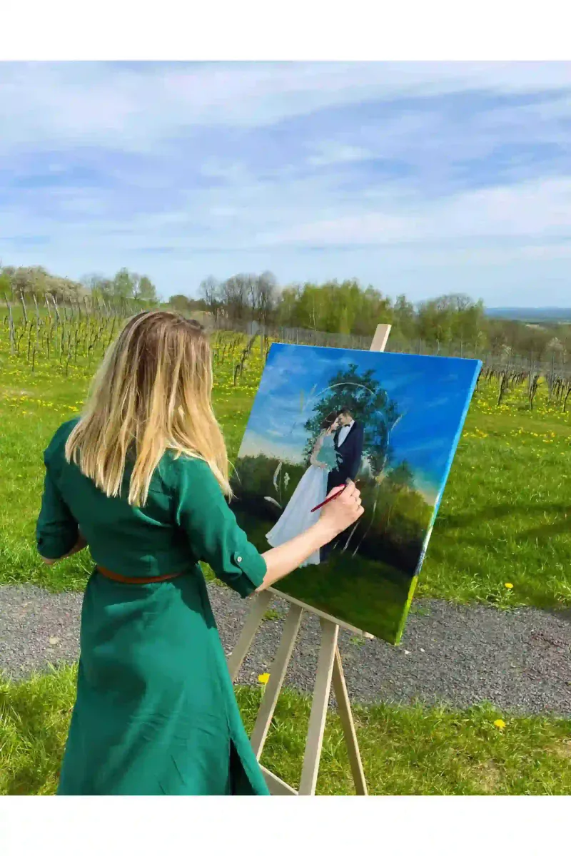 Live wedding painting — vibrant couple portrait on canvas