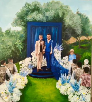 Live wedding painting of a same-sex couple at their garden ceremony in Spain