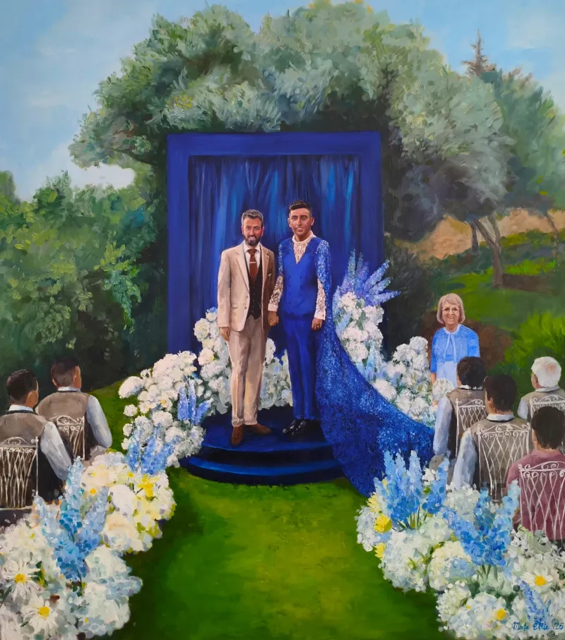 Wedding painting from Málaga with a couple beneath a blue ceremony arch and a flower-lined aisle