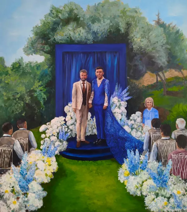 Wedding painting from Málaga with a couple beneath a blue ceremony arch and a flower-lined aisle