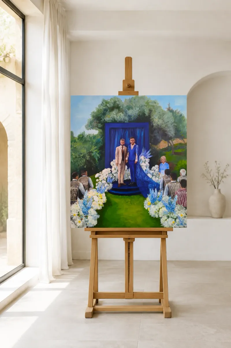 Blue ceremony wedding painting displayed on an easel in a bright room