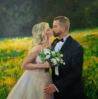 Live wedding painting of newlyweds sharing their first kiss in a wildflower meadow
